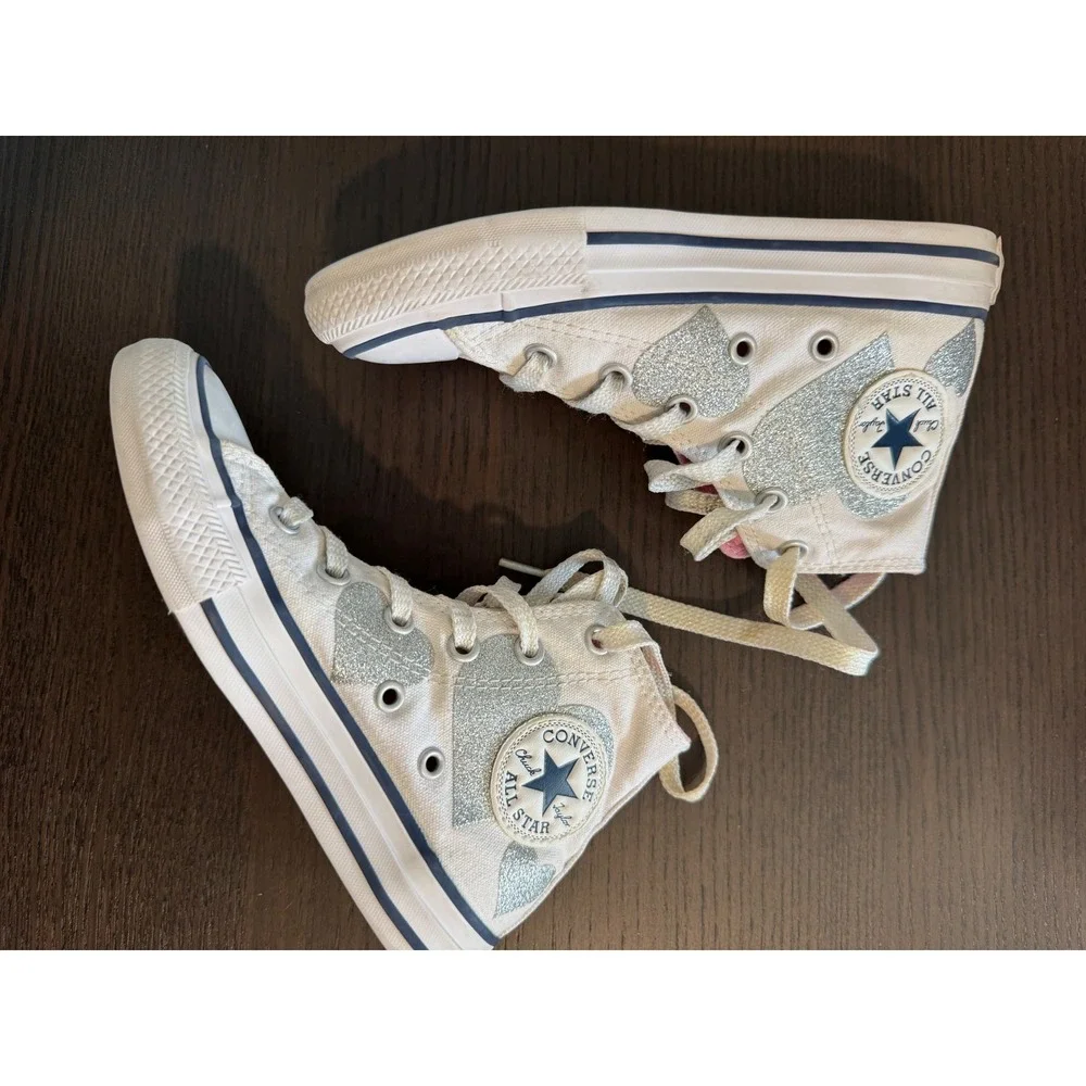 Converse Chuck Taylor All Star girls Size 12 White Silver Glitter Heart High Top